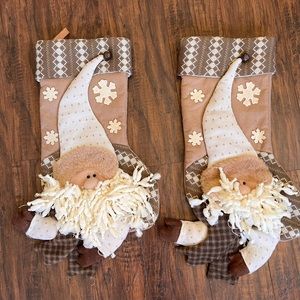 Christmas Stockings Pair 22” Tan/Beige Plaid Bearded Santa W Hat Bells Snowflake